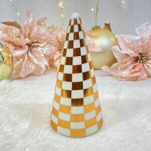 BECKI OWENS Gold White Checkered Ceramic Holiday Christmas Cone Tree 7.5" New